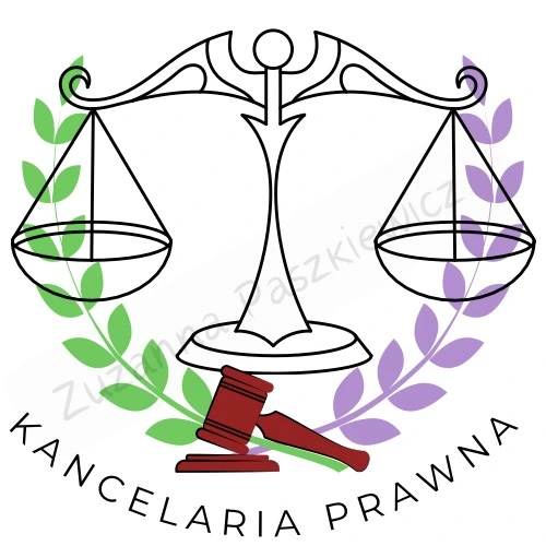 Na środku jest waga. Na boki wago idą dwie gałązki. Z lewej strpny jest to gałązka w kolorze zielonym natomiast w prawą stronę kolor fioletowy. Poniżej jest młotek wraz z podstawką. Poniżej młotka jest napis kancelaria prawna.